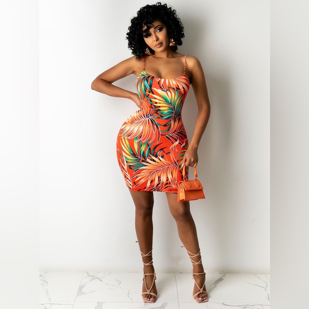 Orange Palm Print Bodycon Mini Dress